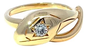 18k Yellow Gold Serpent Ring With Diamond Head, Size 6.75