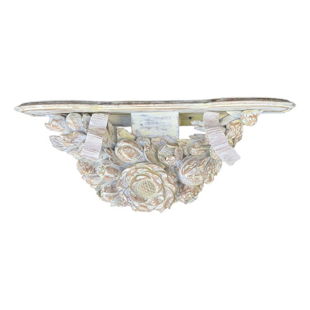 Large Hand-Carved Distressed Wood Floral Wall Shelf Corbel Console French Country Style For Sale