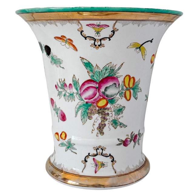 Ceramic Vintage Chinese Export Porcelain Cachepot – Botanical Fruit & Butterflies Motif With Gilt Trim For Sale - Image 7 of 10