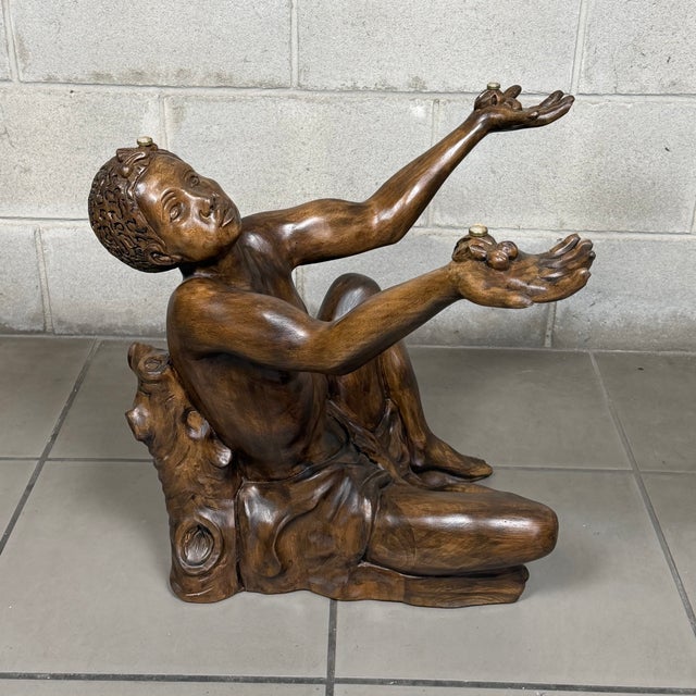 Wood Round Atlas Man Coffee Table in Carved Wood and Glass For Sale - Image 7 of 18