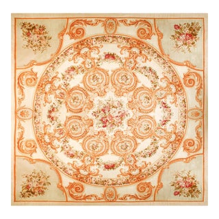 1880s Ivory Floral Antique European Aubusson Rug 17'9" X 17'9" Handknotted Wool Carpet For Sale