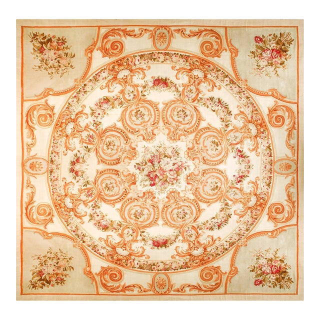 1880s Ivory Floral Antique European Aubusson Rug 17'9" X 17'9" Handknotted Wool Carpet For Sale