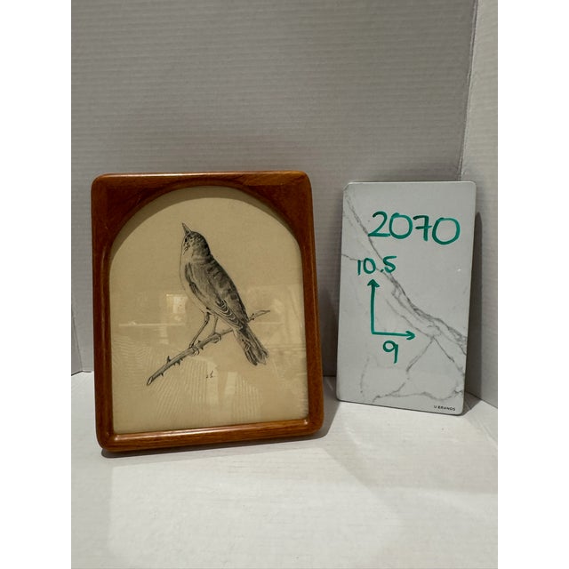Vintage Original Pencil Drawing Songbird on Branch Signed Art Arched Wood Frame For Sale In Atlanta - Image 6 of 6