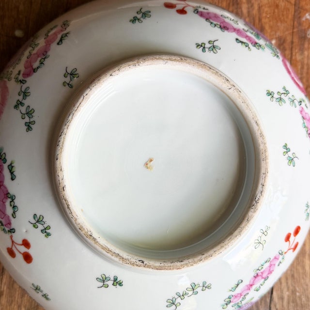 Pink Large Vintage Chinese Famille Rose Pink Floral Hand-Painted Porcelain Bowl For Sale - Image 8 of 11