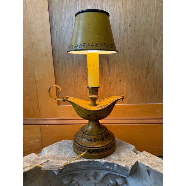 Metal Vintage Italian Single Light Mustard & Black Tole Ware Electric Aladdin Lamp For Sale - Image 7 of 10