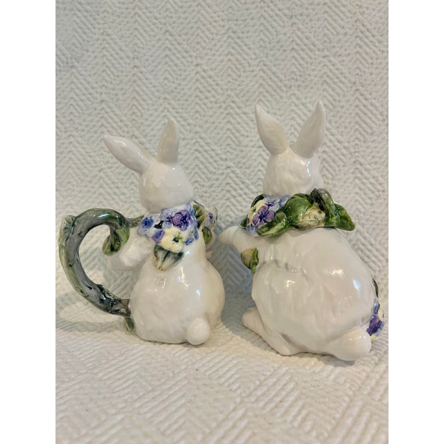 Late 20th Century Porcelain Bunny Rabbit Creamer and Sugar With Blue and Green Florals For Sale - Image 4 of 7