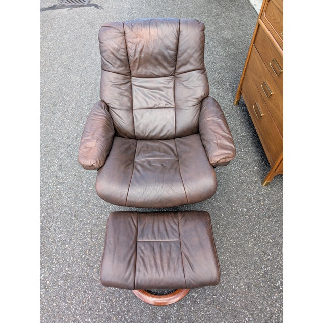 Vintage Ekornes Stressless Brown Leather Recliner and Ottoman Norway For Sale - Image 17 of 17