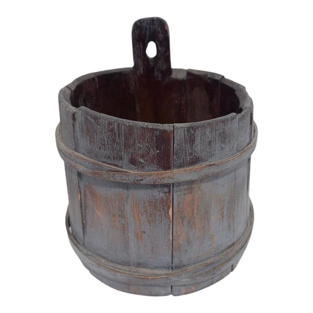 Late 19th Century Primitive Staved Wood Bucket in Original Blue Wash For Sale