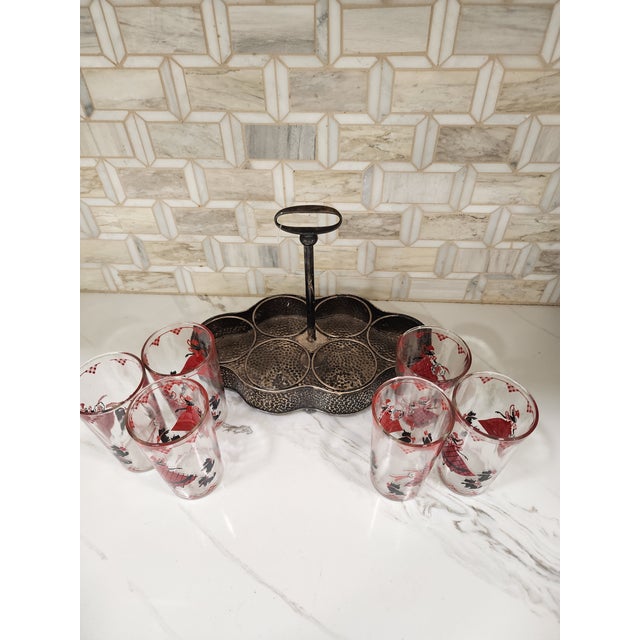 1950s Vintage 8oz. Set of 6 Glasses in an Awesome Hammered Metal Carrier For Sale - Image 5 of 5