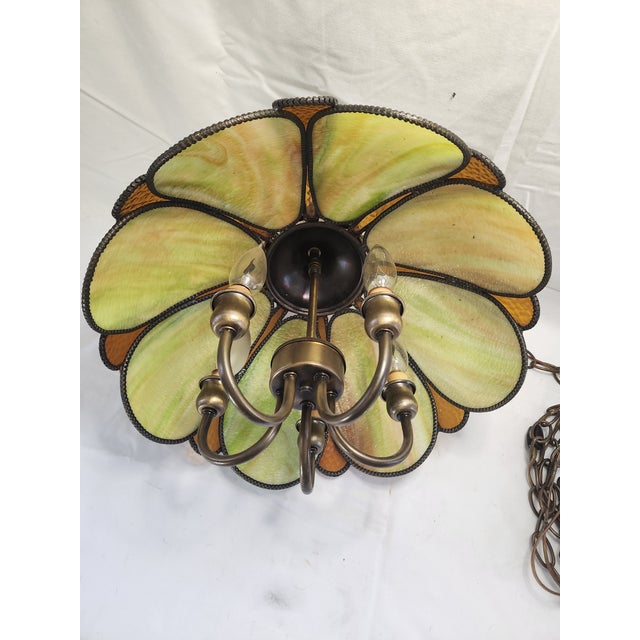 Vintage Mid-Century Modern Green Slag & Amber Glass Hanging Swag Lamp For Sale - Image 10 of 11