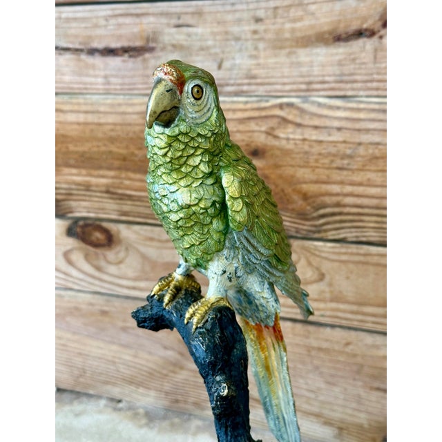 Late 20th Century Late 20th Century Coastal Tropical Bronze Hand Painted Parrot Statues on Marble Bases-Pair For Sale - Image 5 of 12