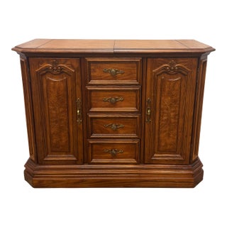 Vintage American of Martinsville French Country Style Oak & Burl Wood Flip Top Server / Storage Cabinet For Sale