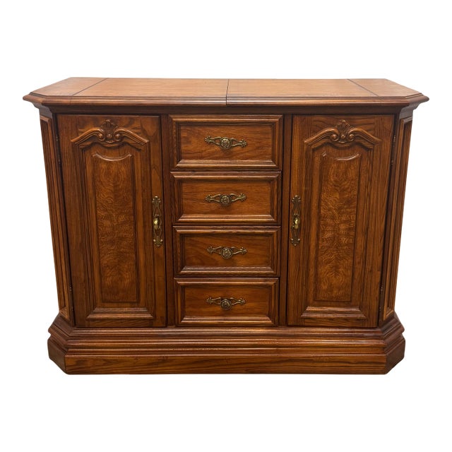 Vintage American of Martinsville French Country Style Oak & Burl Wood Flip Top Server / Storage Cabinet For Sale