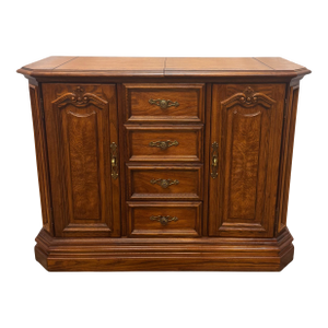 Vintage American of Martinsville French Country Style Oak & Burl Wood Flip Top Server / Storage Cabinet