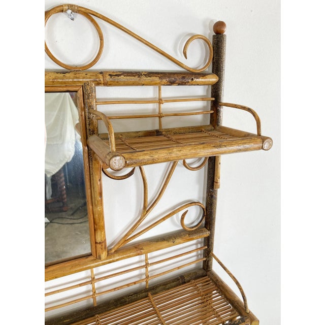 Late 20th Century Vintage Mirrored Scorched Bamboo Wall Shelf Towel Rack For Sale - Image 5 of 7