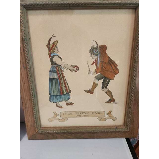 Vintage Hand-Painted Prints of Traditional Dance - Mexico & Austria Pair For Sale - Image 11 of 12