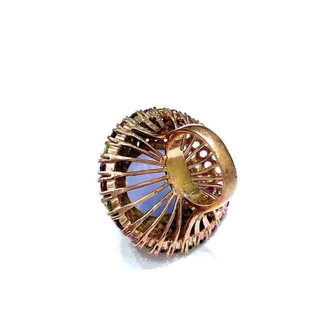 Bochic "Orient" Vintage Chalcedony & Multi Gem Cocktail Ring In 18K Gold & Silver Natural Chalcedony Cabochon - 7 Carat...