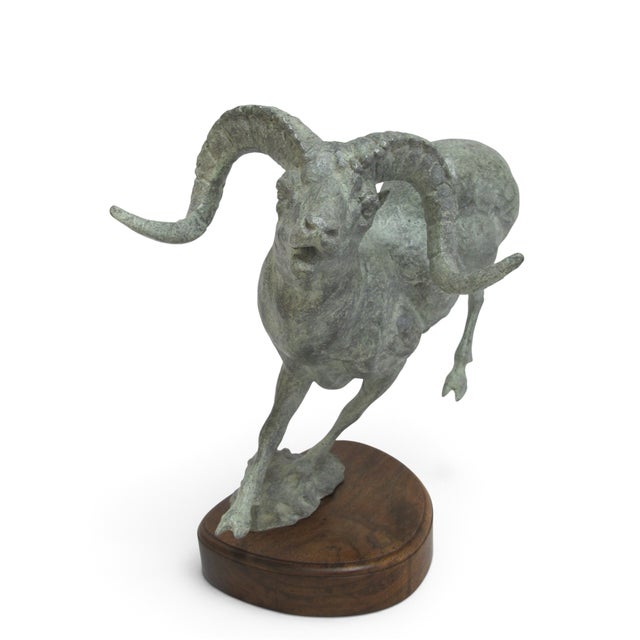 Large Leaping Bighorn Sheep Ram Verdigris Patina Metal Sculpture For Sale - Image 4 of 13