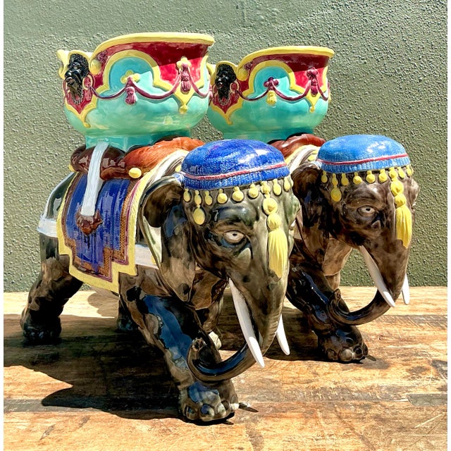 Vintage Glazed Ceramic Polychromed Elephants - A Pair For Sale - Image 9 of 12