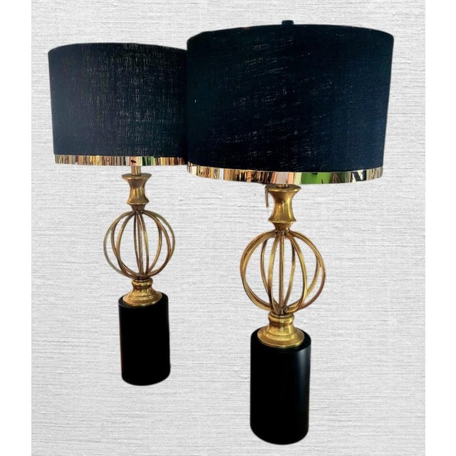 Vintage Tall Modern Black Metal Base Gold Leaf Sphere Brass Trim Table Lamps- A Pair For Sale In West Palm - Image 6 of 7