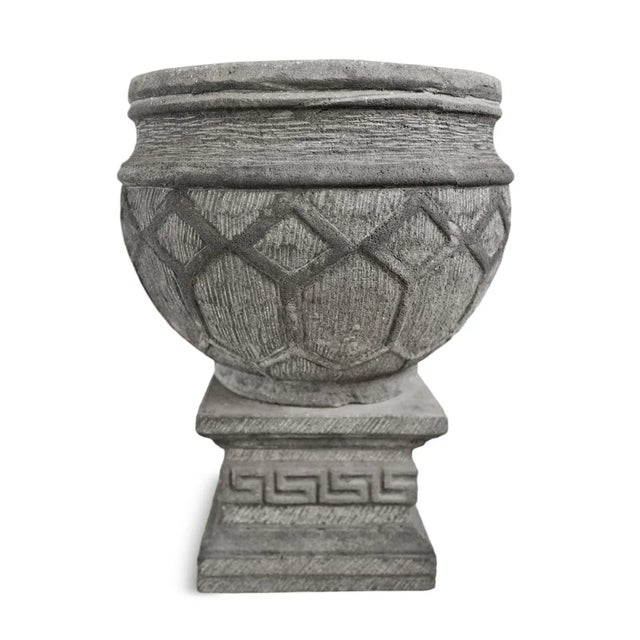 Vintage carved outdoor lava stone planter bowl. Dark grey patina with carved designs. Base and bowl can be separated for...