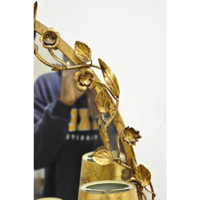 Metal Vintage Italian Hollywood Regency Gold Gilt Iron Floral Wall Sconce Oval Mirror For Sale - Image 7 of 11