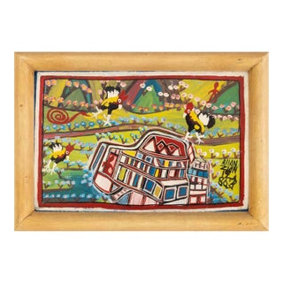 Allan Zion "Three Roosters" Oil on Masonite, 1980 For Sale