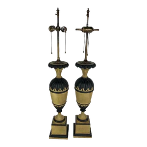 Pair of Vintage Painted Carved Wood Urn Shaped Lamps