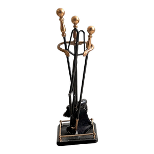 Black Iron and Polished Brass Neoclassical Fireplace Grooming Tools - Set of 5