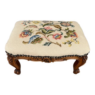 1940s French Provincial Fruitwood Needle War Tapestry Footstool For Sale