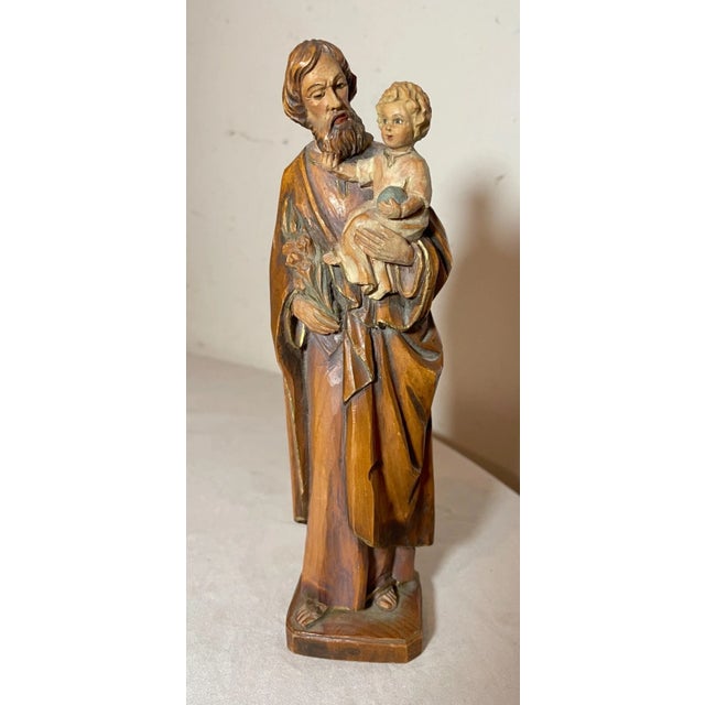 Wood Vintage Hand Carved Painted Italian Wood Joseph Baby Jesus Sculpture Statue For Sale - Image 7 of 12