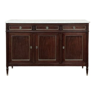 French Louis XVI Carrara Marble Top Mahogany Buffet in the Maison Jansen Style, Mid-Century For Sale