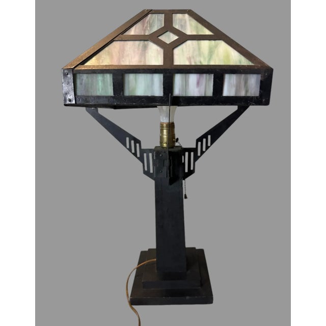 Black Early 20th Century Mission Arts & Crafts Style Metal Framed Slag Glass Table Lamp With Oak Base For Sale - Image 8 of 12