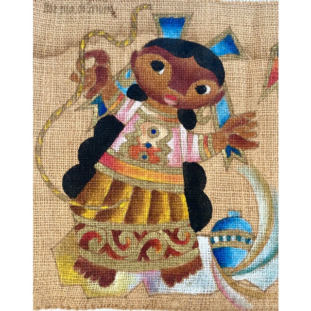 Abstract Vintage Jose Maria De Servin Girl & Boy Portrait Painting on Burlap 1960s For Sale - Image 3 of 3