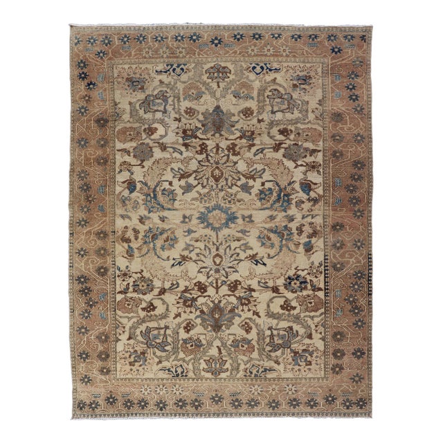 Antique Persian Bakhtiari Rug With Ivory Field and Figural Garden Design For Sale