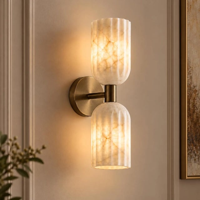 Handcrafted Brass & Natural Alabaster, Double Wall Sconces, Bathroom & Bedroom Lighting - Pair For Sale - Image 6 of 9
