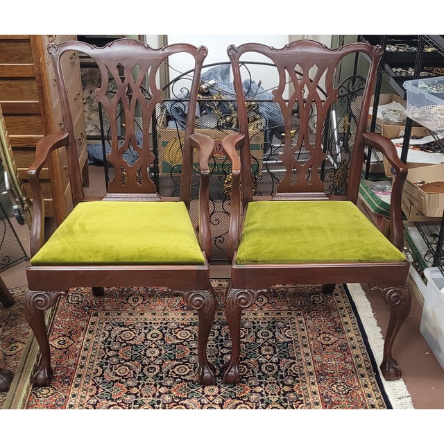 Wood Pair Fine Vintage 1940s Chippendale Arm Chairs in Velvet For Sale - Image 7 of 9