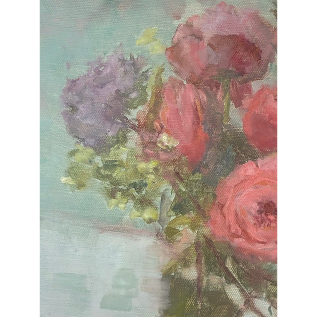 “Roses With Rosemary” Original Oil Painting on Linen Panel For Sale - Image 4 of 4