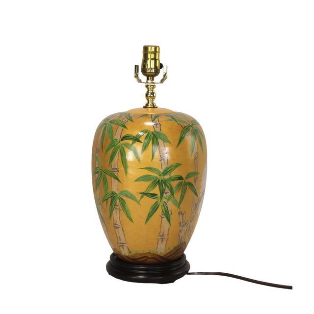 Late 20th Century Vintage Hollywood Regency Style Hand-Painted Yellow Ceramic Bird and Bamboo Table Lamps - a Pair For Sale - Image 5 of 13
