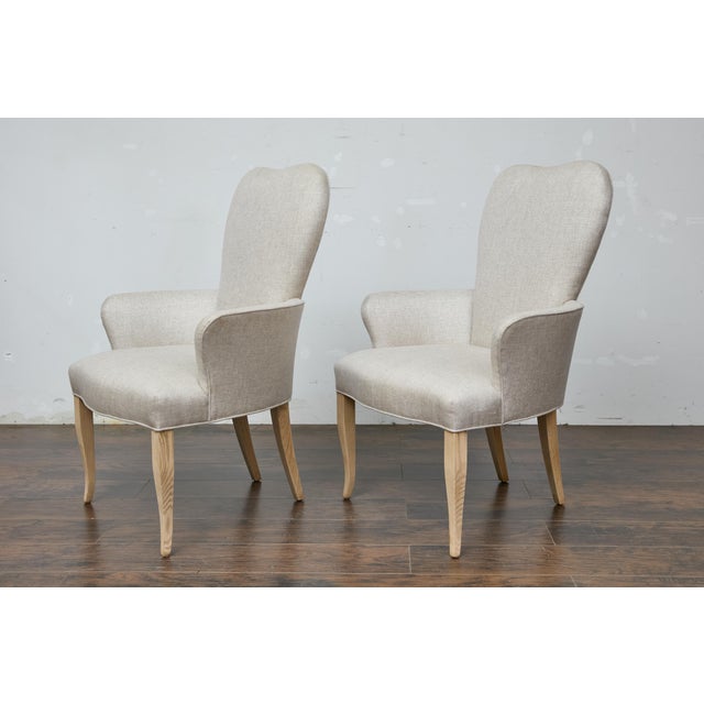 Pair of French Midcentury Armchairs with Linen Upholstery, Curved Tapered Legs For Sale In Atlanta - Image 6 of 12