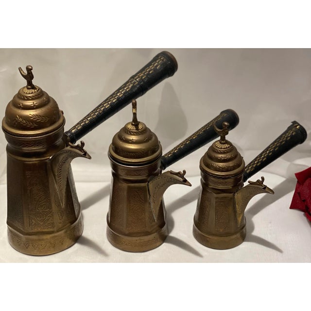 Vintage Dallah Copper Brass Arabic Islamic Middle Eastern Coffee Tea Pots- Set of 3 For Sale - Image 13 of 13