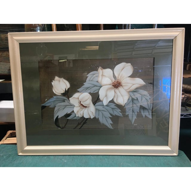 1940s Post-War Hawaiian Hibiscus Floral Still Life Airbrush Painting, Framed For Sale - Image 5 of 5