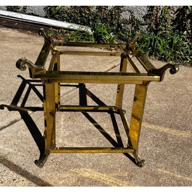 Mid-Century Modern Hollywood Regency Brass Scroll Design Glass End Table For Sale - Image 3 of 10