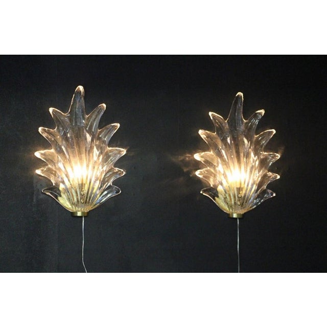 Clear Murano Glass Leaf and Brass Sconces by Barovier, 1980s, Set of 2 For Sale - Image 12 of 16