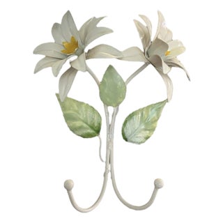 Vintage Italian White Tole Flower Double Hook Rack / Toleware Floral Wall / Coat / Robe Hook For Sale