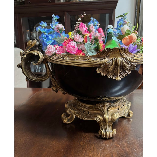 Vintage French Style Jardeniere Black Porcelain and Bronze 23”x 9” For Sale - Image 10 of 12