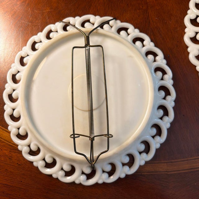 1950s Vintage Fenton White Milk Glass Reverse C Lace Edge 9” Set of 2 - W/Wall Hangers For Sale - Image 5 of 6