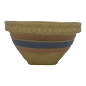 1930s Primitive Yellow Blue Pink Bands Stoneware Mixing Bowl