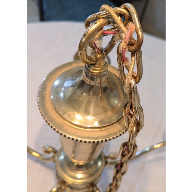 Vintage Brass Bouillotte Chandelier 5-Light Etched Glass Globes For Sale In Raleigh - Image 6 of 15