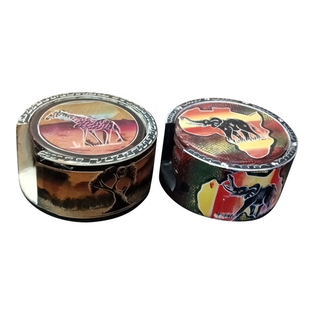 1980s Pair of Safari Theme Soapstone Coasters Set of 6 With Holder From Kenya For Sale